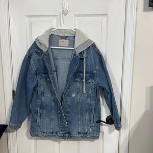 Free People Blue Denim Jacket with Gray Hood